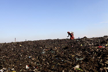 A woman looks for recyclable material at the biggest rubbish dump in Dhaka. The city alone generates about 3500 to 4000 metric tons of solid waste each day.