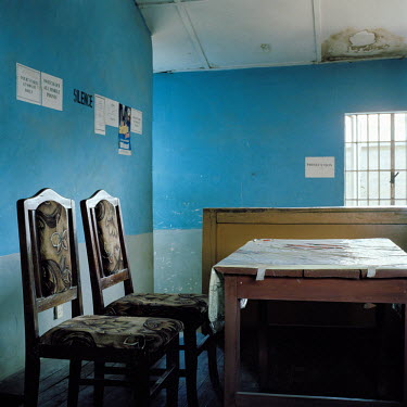 The magistrate's empty desk and chair at the magistrate's court in Makeni.