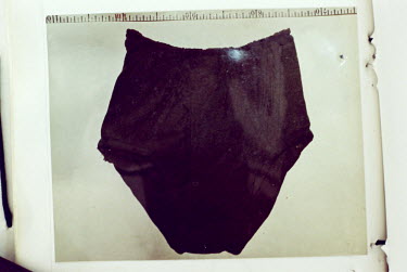 The front of a green pair of underpants. They formed part of the evidence against Iwao Hakamada. It was found inside a miso tank at the factory where he worked. Courtesy by Shimizu Shizuoka citizen gr...
