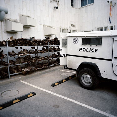 A collection of used Quassam rockets fired into Israel from Gaza are stored at a police station.