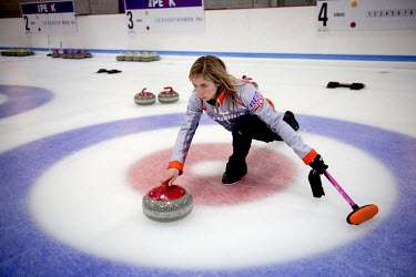 British women's Olympic curling team skipper Eve Muirhead during practice on a curling sheet in Stirling.