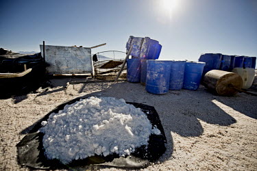 Chemicals at a lithium extraction facility 14km inside the boundary of the world's biggest salt flat, Salar de Uyuni. Suspended beneath its crystalline crust are the largest deposits of lithium anywhe...