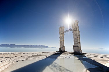 A gateway constructed from bricks of salt at the lithium extraction facility in the Salar de Uyuni. It was originally built to help guide vehicles to the plant when heavy rains obscured the track.