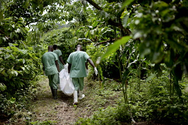 Workers from the Red Cross carry the body of Marie Conde (14), who died that morning after becoming infected with the Ebola virus, into the bush near the village of Koundony for burial. An Ebola virus...