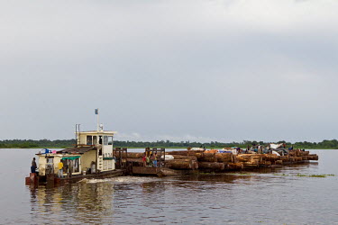 Tropical hardwood logs being transported down the Congo River to Kinshasa from where they'll be exported worldwide.