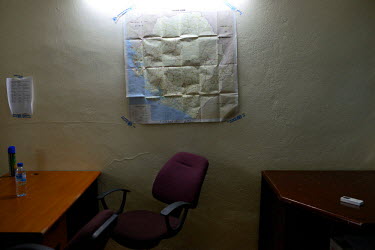 An empty World Health Organisation (WHO) office with a map of Sierra Leone pasted on the wall in Freetown.   The Sierra Leone government has declared a three day lockdown from 19 September in an attem...