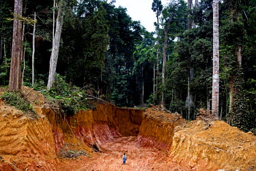 A man walks through a laterite quarry carved into the jungle just off a new road running between Libreville and Makokou.