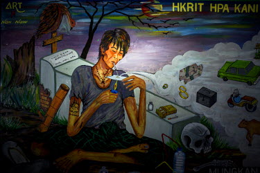 A painting illustrating the dangers of drug use made by an inmate at the Central Drug Eradication Centre in Laiza in territory controlled by Kachin Independence Army (KIA). People who fail urine tests...