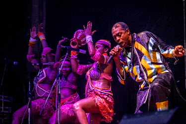 Femi Kuti and some of his dancers on stage at the Shrine.