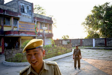 Indian policemen at the Panikanti India - Nepal border post. The border point is one of the main smuggling routes for tiger parts trafficking between India and China.