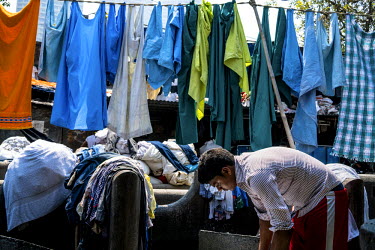 A dhobi (laundry person) washes clothes in Dhobighat. This is an open air area where 'dhobis' wash the laundry for all strata of the city's society. It is here that, by hand, laundry, from hospital sh...