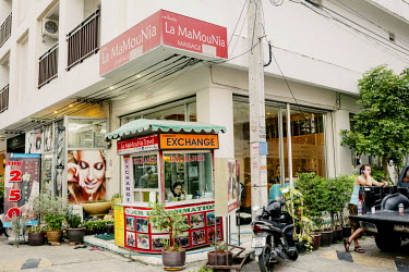 A currency exchange booth outside La MaMouNia massage parlour in an area of Patong popular with French visitors and nicknamed La Courneuve, after a Parisien suburb.
