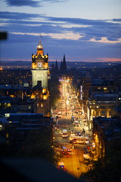 A view of Princes Street at dusk as seen from Carlton Hill, where the Beltane Fire Festival is celebrated each year on the evening of 30 April.  The Beltane Festival is an annual event when winter is...