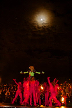 The 'Green Man' is held aloft by semi naked dancers with bodies painted in red dancing around a group of torch waving revellers at the annual Beltane Festival on Carlton Hill in Edinburgh.   The Bel...