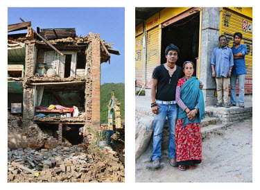 Left: The building in which the Singh family lived stands in ruins in the old bazaar district of Sankhu, Nepal, in which 980 houses collapsed and almost 90% of buildings have been left damaged after a...