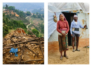 Left: The remains of Thulimaya Tamang's house in Chhampi, Nepal.Right: Thulimaya Tamang and Birdeu Marpa (62) stand outside the partially destroyed house they've taken shelter in since an earthquake s...