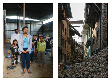 Left: Munu Shrestha (25) and members of her extended family have taken shelter in a nearby agricultural shed with several other families after the earthquake left their home in the old bazaar district...