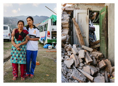 Left: Rama Manandhar stands with her daughter outside the bus they have taken shelter in following the earthquake that struck Nepal on April 25th. Approximately 70 people are staying in six buses. Ram...