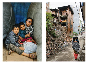 Left: Shrijana Karki (26) has taken shelter with her two boys (Sid 4, Arun 7 - names have been changed) between two parked cars in a shed after their home was damaged in the earthquake that struck Nep...