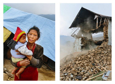 Left: Kanchi Yonjan (60) holds her granddaughter Senchumaya (7 months old) in her arms outside the hastily constructed tarpaulin shelter she shares with 17 others following the partial collapse of her...