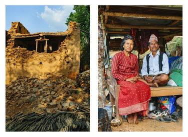 Left: The remains of the Thakari's family house in Saithok, Sindhupalchowk.Right: Krishna Bahadur Thakuri (52)and his wife Tika Kumari Thakari (51) have constructed a temporary shelter with salvaged m...