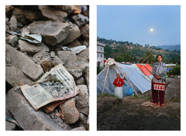 Left: Torn pages of a reading book lie amongst the rubble. This is all that's visibly left of Anu Shrestra's (24) house in Sankhu, Nepal. The family's four story house collapsed entirely. The two buil...