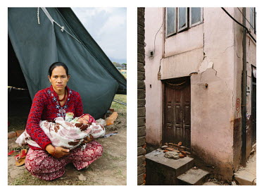 Left: Rama KC (23) holds her newborn son, Hari (45 days). They have taken shelter in a tent in Tundikhel Internally Displaced Persons (IDP) camp in Kathmandu, one of 16 sites in the city identified by...