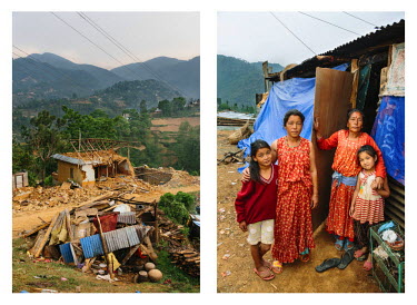 Left: Kavita Yonjan's destroyed house in Chhampi, Nepal.Right: Kavita Yonjan (30) stands with her mother and two daughters, Charisma (11) and Katrina (7) (names have been changed) outside the temporar...