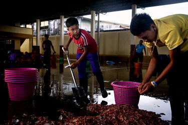 A Burmese migrant worker, aged 14, (centre) helps his employer, a buyer, load fish at a SIFCO (Sea International Frozen Products Co.,Ltd) fish processing plant at a port in Ranong.