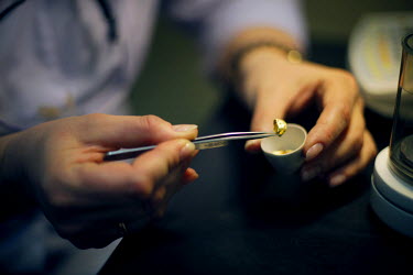 A scientist in the laboratory at the Kupol gold mine (owned by Canadian company Kinross Gold) creates samples of the precious metal in order to monitor the gold throughout its processing.
