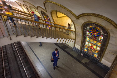 Stained glass panels, some of the 32 at Novoslobodskaya Metro Station which was designed by Pavel Korin.