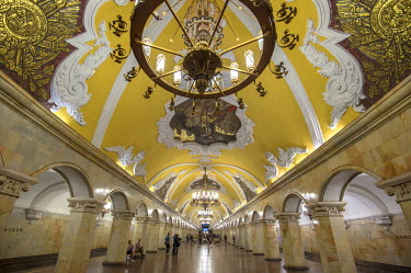 The platform at Komsomolskaya Metro Station. The station features designs describing Russia's struggles against invaders and the victory in the Great Patriotic War (World War 2).