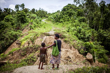 Martha Wokma, 49, stranded, with her nephew, beside a collapsed bridge that was used by illegal loggers to bring timber out of the forest. Martha says: 'We can't take this road anymore, we can't visit...
