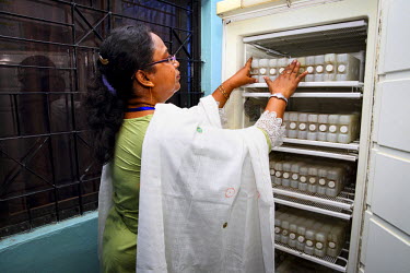 A technician checks vaccines kept safe in a refrigerator at a hospital for use in the Expanded Program on Immunisation (EPI) where the pneumococcal vaccine (PCV), which protects against one of the lea...