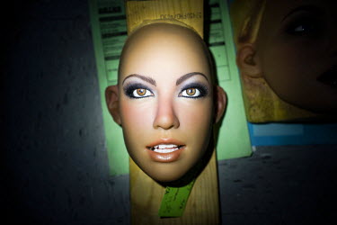 One of the heads of a 'Real Doll' at the San Marcos headquarters of Real Dolls. The Real Doll is a high-end sex doll created by Matt McMullen. Mr McMullen is now trying to combine different technologi...
