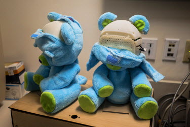 'Huggable' Bears sit in an empty room at Boston's Children Hospital in Boston, Massachusetts. Huggable is a social robotic prototype that is being used in an experiment between Boston's Children Hospi...