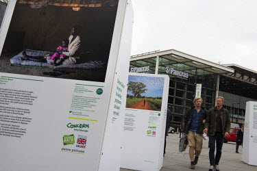 A view of the outdoor ^Comeback from Crisis^ exhibition at Battlebridge Place between London's St Pancras International and King's Cross stations. The exhibition was produced in partnership between Co...