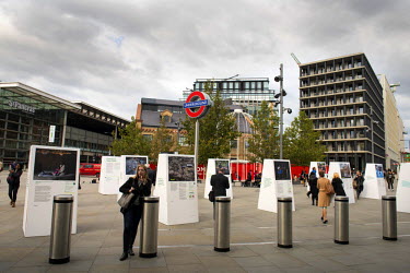 A view of the outdoor ^Comeback from Crisis^ exhibition at Battlebridge Place between London's St Pancras International and King's Cross stations. The exhibition was produced in partnership between Co...