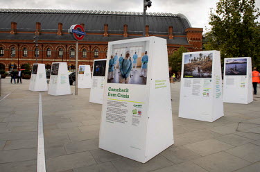 A view of the outdoor ^Comeback from Crisis^ exhibition at Battlebridge Place between London's St Pancras International and King's Cross stations. The exhibition was produced in partnership between Co...