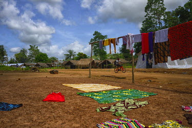 Clothes dry in the sun outside the house of the local traditional healer who died a few days before from Ebola. He became infected after treating Fatoumata Soumah (12) who had come to the village of T...