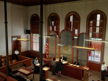 Judge Prior presiding in Hancock County Court. The building, built in 1881, was burned to the ground in 2014.