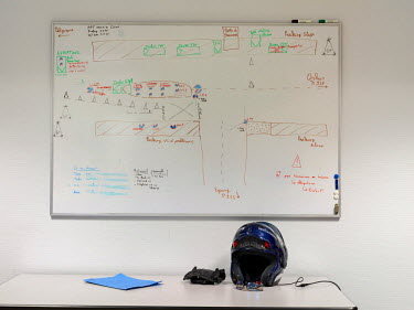 An operations plan drawn on a whiteboard in the offices of the Gendarmerie motorized brigade traffic safety but also drugs and illegal transport.