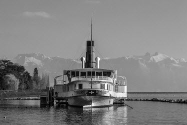 Paddle steamer La Suisse moored on Lac Leman.