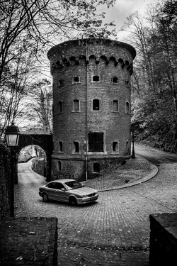 A car passes the Malakoff-Tuerm tower, on the old road to the Kirchberg Hill, where many of the European institutions based in the city are located.road