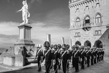 The ceremony of the 'Regent Captains', passes In front of Palazzo Nazionale. The ritual takes place every six months, when the two co-captain-regents (joint heads of state) leave office, and two newco...