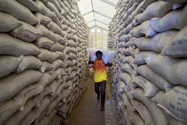 A man carries a bag of rice through a corridor in a World Food Programme (WFP) warehouse on his way to a distribution point for refugees from Central African Republic.  Cameroon is home to over 230,00...
