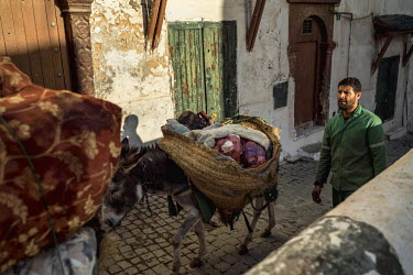 A man collecting rubbish in the city's casbah transports it through the narrow streets on the back of donkeys.