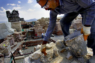 A man works on the restoration of the bath complex at Sagalassos, an ancient city of Helenistic origins.