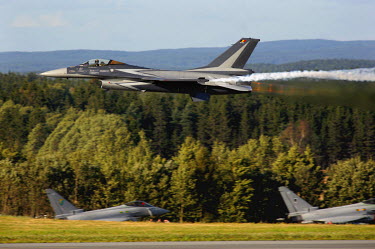 General Dynamics F-16 fighter jet of  the Belgian Air Force during a flight as 100 years of Norwegian aviation was celebrated with an airshow at Rygge Airbase.