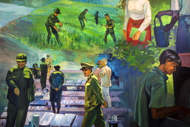 A part of a painting which illustrates "measures taken for the destruction of opium poppy fields and refineries and crop substitution activities" inside the Museum of Narcotic Drugs in Mong La.  The t...